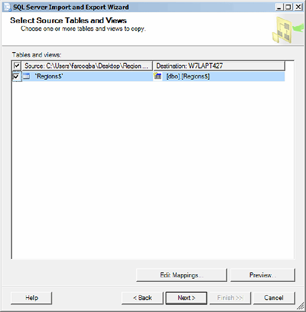 Select Source Tables and Views (Export) 