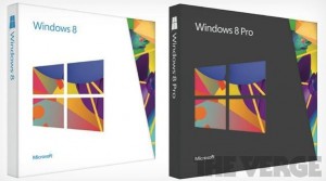 Images of the Windows 8 (left, white) and Windows 8 Pro (right, dark) boxes