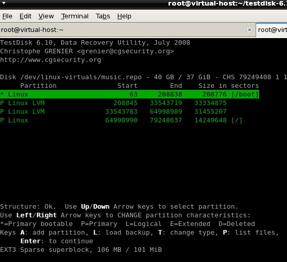 testdisk restore partition