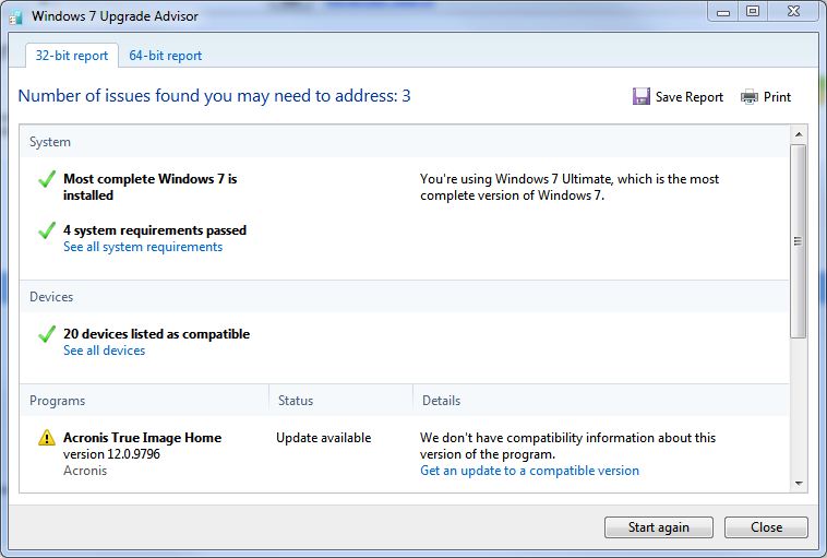 W7UA now recognizes that Win7 is installed, and pinpoints possible software compatibility issues