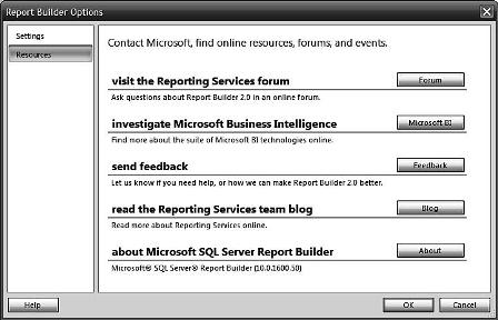 Report Builder About and Resources button