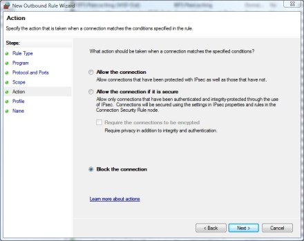 Windows Firewall action screen