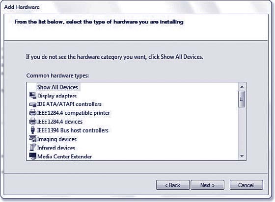 Figure 27.2. When a new PnP device isn't found, you see this dialog box. Choose the right category and click Next.