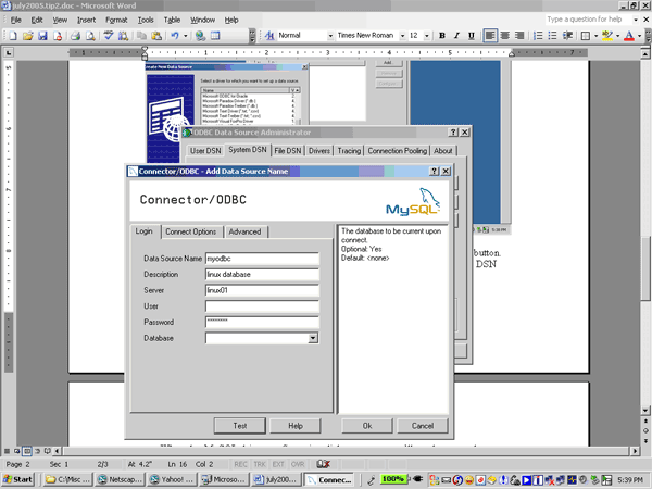 When the MySQL driver configuration dialog appears, you'll need to enter the DSN name, description, server name or IP of the Linux server.