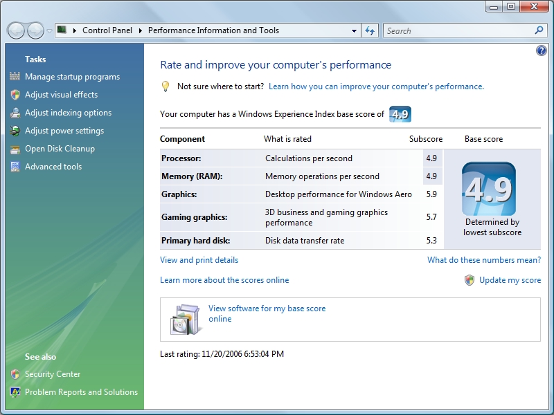 Windows Experience Score Vista