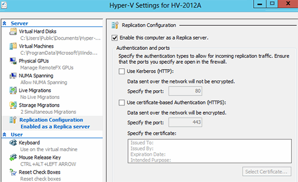 图1. 打开Hyper-V服务器配置中的复制配置选项