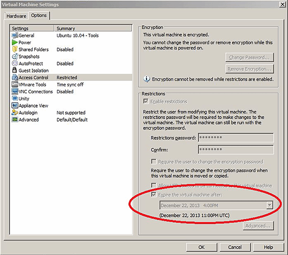 图2. Workstation 10允许你设置虚拟机的过期时间