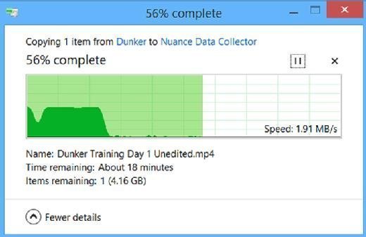 图1. 在Windows 8传输大文件到网络文件共享时，文件传输进程在开始的时候非常快，然后速度会明显下降