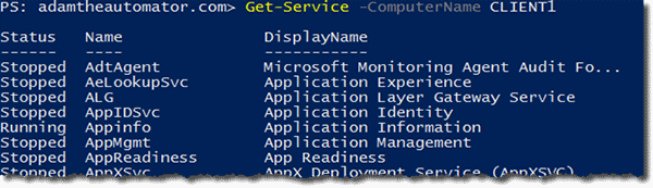 图2. 没有使用任何参数，Get-Service Cmdlets在一台本地计算机上显示了一些服务内容