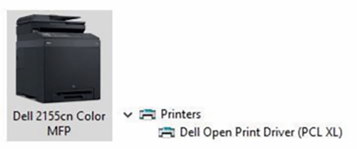 图1. Dell2155cn在Devices & Printers所显示的名称，在设备管理器显示的是Dell Open Print Driver