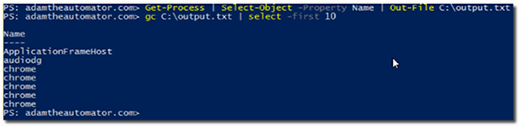 图3. 通过Select-Object命令，将Get-Process命令的输出结果直接传递到一个文件中，并且只显示前十行的内容