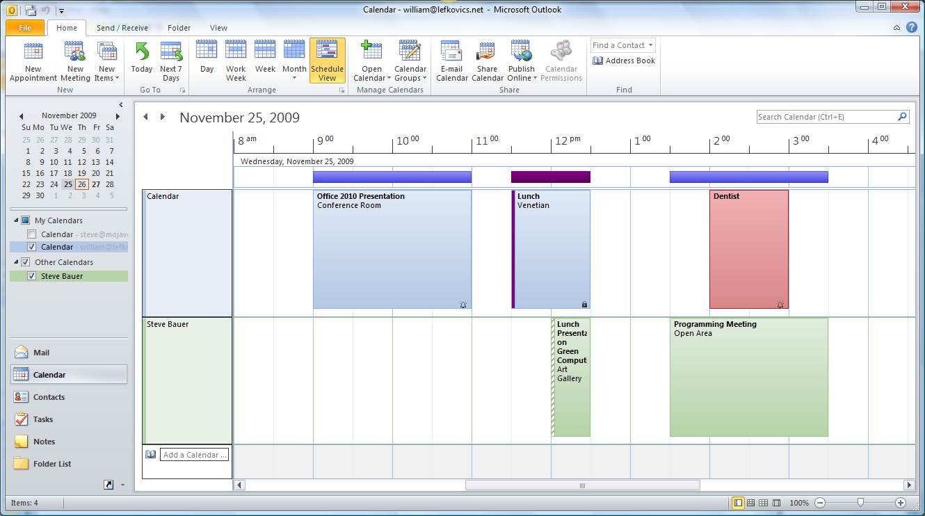 Figure 5. An example of the Schedule View in Outlook 2010.