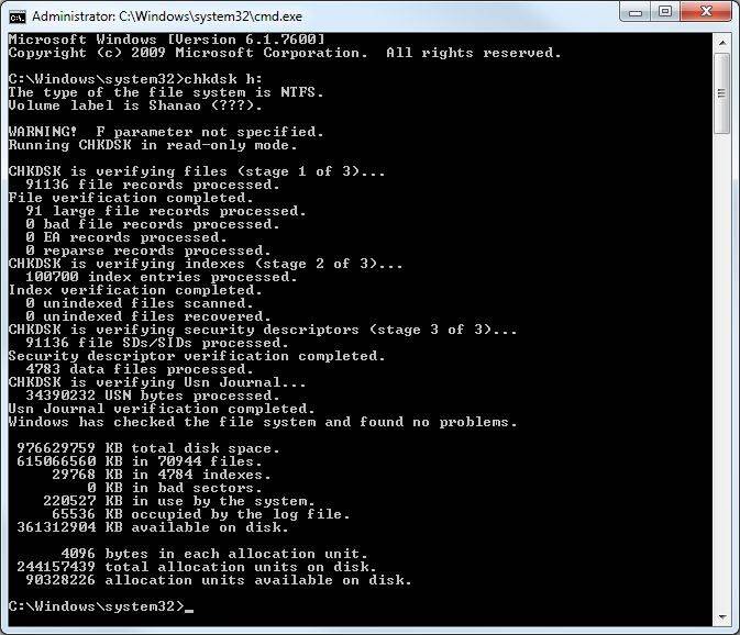 Figure 1: An instance of chkdsk run without the /f parameter (click ...