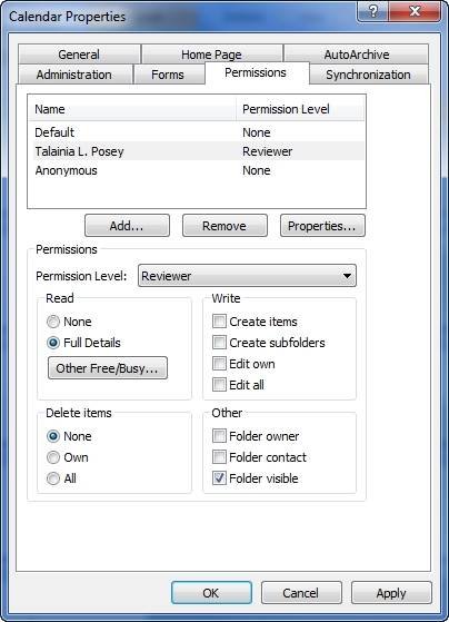 Microsoft Outlook 2010 Shared Calendar Permissions