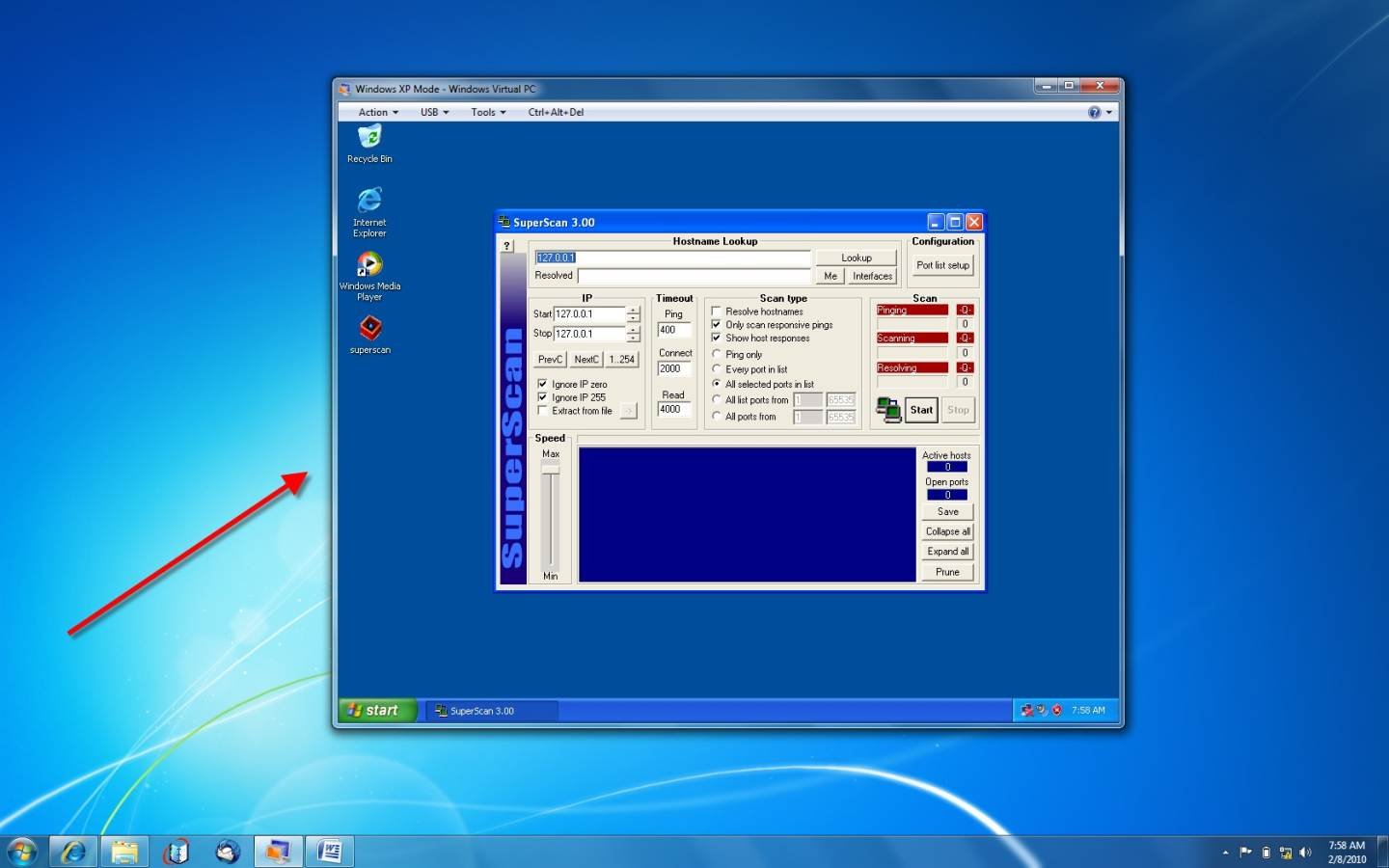 Figure 1: SuperScan port scanner running in a Windows XP Mode session inside Windows 7 (click to enlarge)