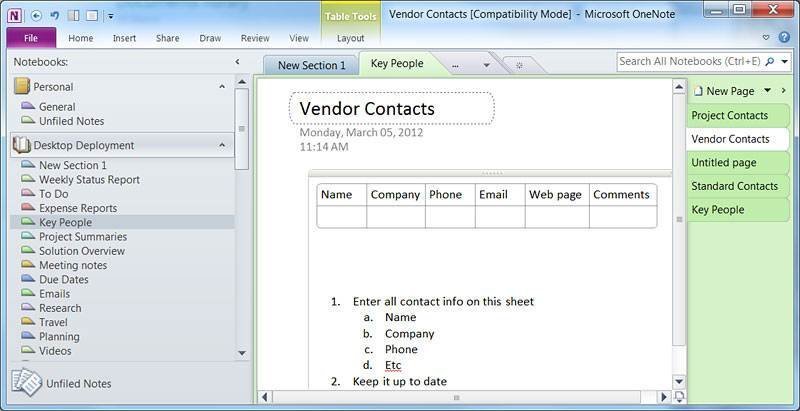 Onenote Template Contacts