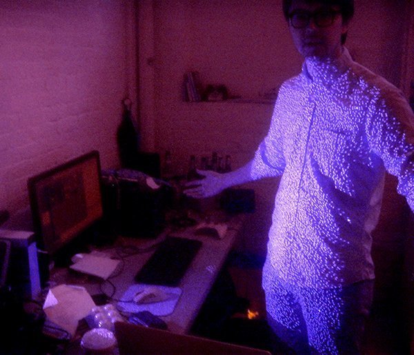 An infared camera shot reveals the dots the Kinect projects.
