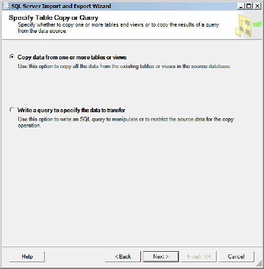 Specify Table Copy or Query (Import)