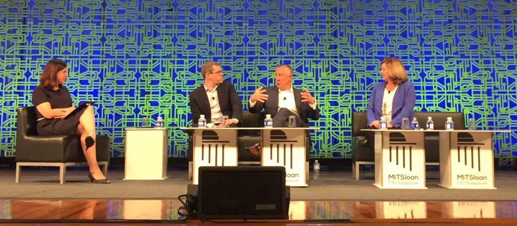 The panel discusses the qualities of a CIO during the session titled “The Perfect CIO: Empowering Business Partners and Serving Customers.” L-R: Moderator Leslie Owens, executive director at MIT CISR; Steven Rosenbush, editor at CIO Journal; Craig Stephenson, managing director at Korn Ferry and Jeanne Lieb, SVP and CIO at FM Global.