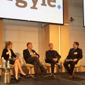 From left to right, Barbara Spengler, Nic Di Iorio, Kenneth Corriveau and moderator Phillip Miller speak on a panel at the Agyle CIO Leadership Forum in New York on Tuesday. Photo by Mekhala Roy/TechTarget