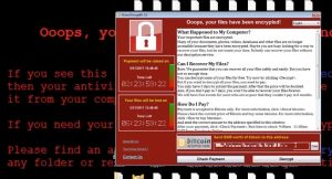 A screenshot shows the message the WannaCry ransomware displays after it has encrypted the user's files. The Windows ransomware requests $300 in bitcoin to decrypt the files.