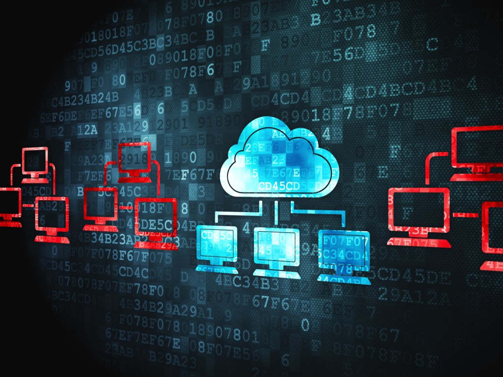 Cloud computing diagram against code background.