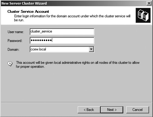 Figure 23: The Cluster Service Account window.