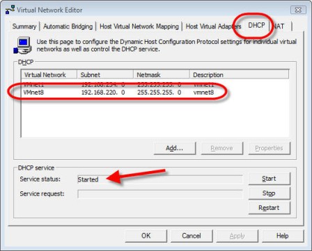 DHCP tab in Virtual Network Editor