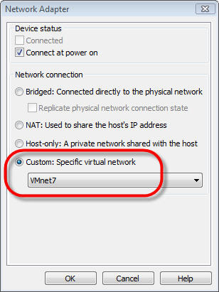 Custom setting in Virtual Network Editor, VMnet7 selected