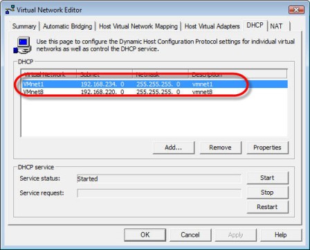 VMnet1 selected under the DHCP tab of Virtual Network Editor