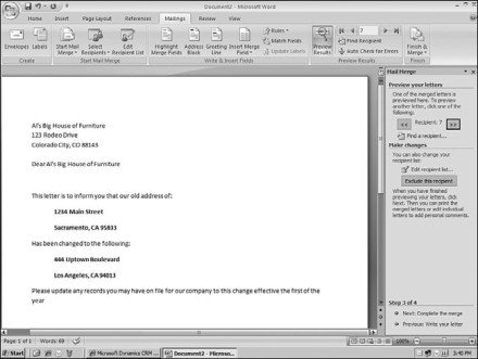 Figure 7.15: Microsoft Word Mail Merge letter preview