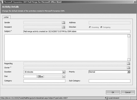 Figure 7.17: Microsoft Word Mail Merge Activity Details