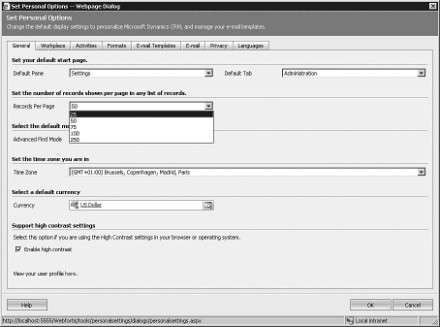 Figure 7.8: Microsoft CRM options page