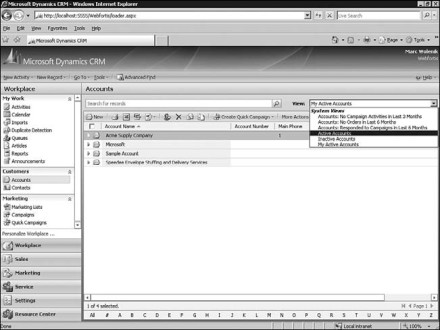 Figure 7.9: Microsoft CRM Accounts View drop-down list