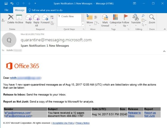 Manchmal werden die Benachrichtigungen über Spam-Nachrichten ihrerseits von Mitarbeitern als potenzielle Bedrohung betrachtet.