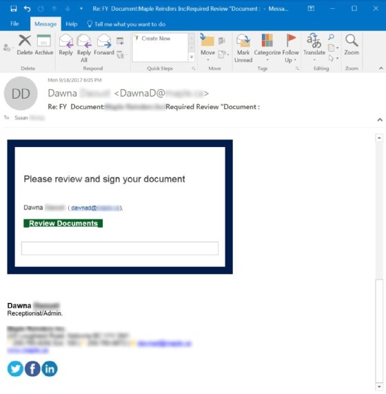 Abbildung 7: Der Angriff beginnt mit einer Mail vom Empfang des Unternehmens, die mutmaßlich einen Link auf eine Datei erhält.