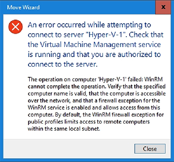 Abbildung 1: Hyper-V blendet hier eine Fehlermeldung ein, weil keine Verbindung mit dem Ziel-Server aufgebaut werden kann.