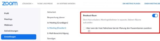 Abbildung 1: Breakout-Räume müssen Sie auf der Zoom-Webseite in Ihren Kontoeinstellungen zuerst aktivieren.