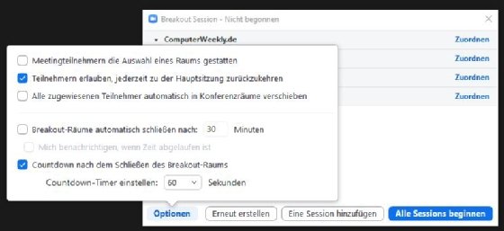Abbildung 5: Richten Sie Ihre Optionen ein, bevor Sie die Breakout-Räume öffnen.