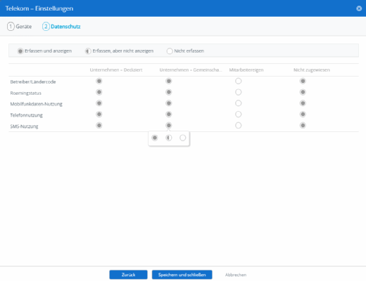 Datenschutzeinstellungen des Telecom Management.