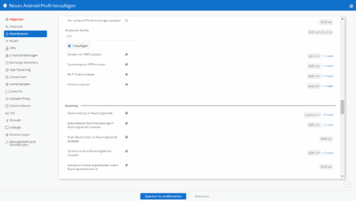 Roaming-Einstellungen über Airwatch Geräte-Profile.