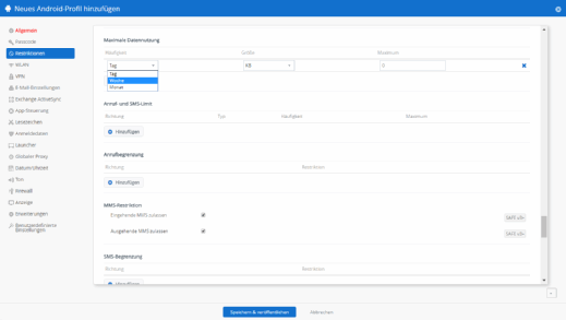 Beschränkung der Mobilfunknutzung in VMware Airwatch.