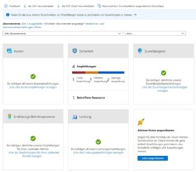 Abbildung 1: Erster Überblick in Azure Advisor zur Verbesserung der Sicherheit und Leistung von eigenen Ressourcen.