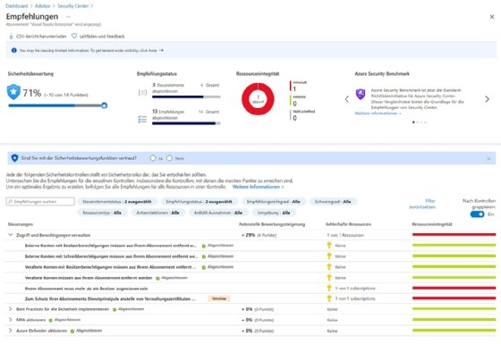 Abbildung 6: Anzeigen der Sicherheitsempfehlungen im Azure Security Center.