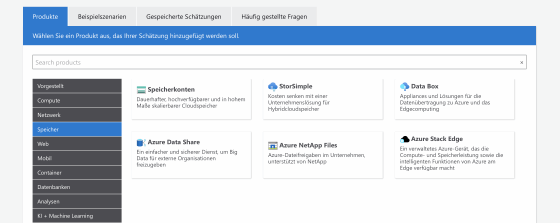Abbildung 8: Der Preisrechner von Microsoft offeriert zahlreiche unterschiedliche Produkte, die in verschiedenen Kategorien zusammengefasst sind.