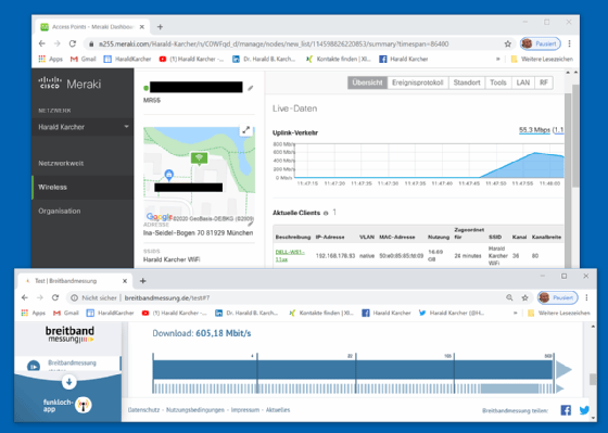 Abbildung 6: Hier hat unsere Wi-Fi-6-Workstation gerade 605 MBit/s an Internet-Download aus dem Wi-Fi-6-AP Cisco Meraki MR55 herausgeholt.