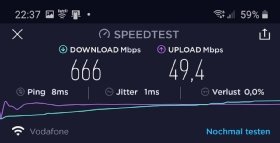 Abbildung 7: Hier kamen 666 MBit/s aus dem Internet über den Cisco Meraki MR55 AP auf das Samsung Galaxy Note 10+. Man beachte auch das winzige Wi-Fi-6-Symbol rechts oben in der Menüleiste.