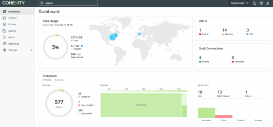 Abbildung 1: Das Cohesity-Dashboard gibt einen Überblick über Workloads On-Presmises und in der Cloud, wie beispielsweise in der AWS-Cloud.