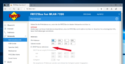 Kommt ein neuer Router oder WLAN-Access-Point in das Netz, der auch einen DHCP-Server besitzt, so ist es wichtig, diesen zu deaktivieren (standardmäßig zumeist aktiv), um Probleme mit der Adressenzuweisung zu vermeiden.