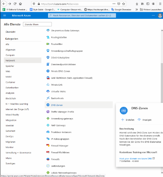 Abbildung 1. Klicken Sie auf die Option DNS-Zonen, um mit der Verwaltung von DNS-Anfragen in Azure zu beginnen.